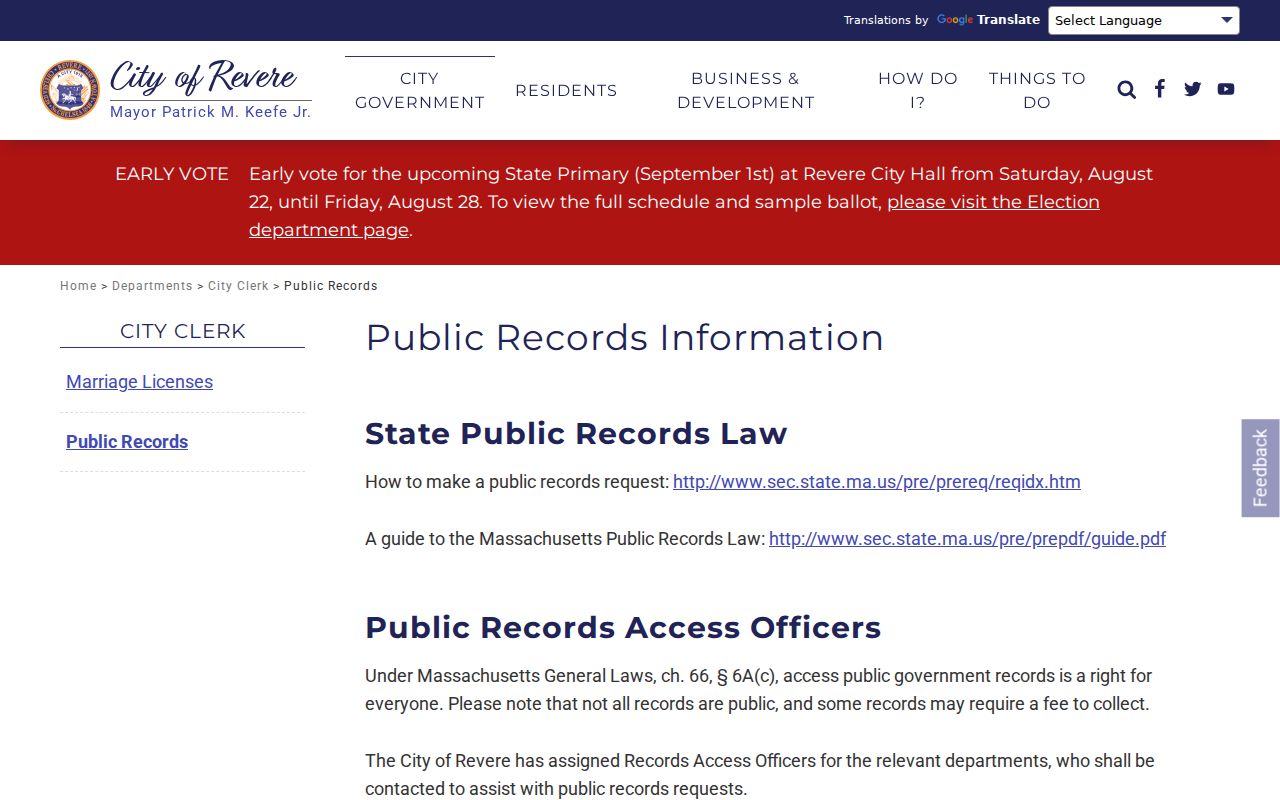 Revere residents directory public records request information